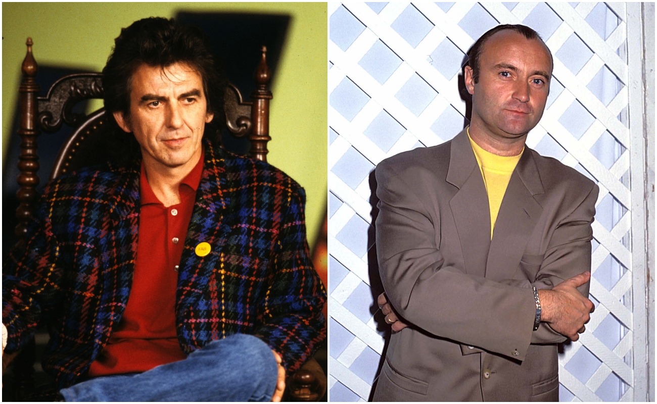 (L-R) George Harrison wearing a plaid jacket and red shirt sitting in a chair. Phil Collins with his arms folded standing in front of a white background