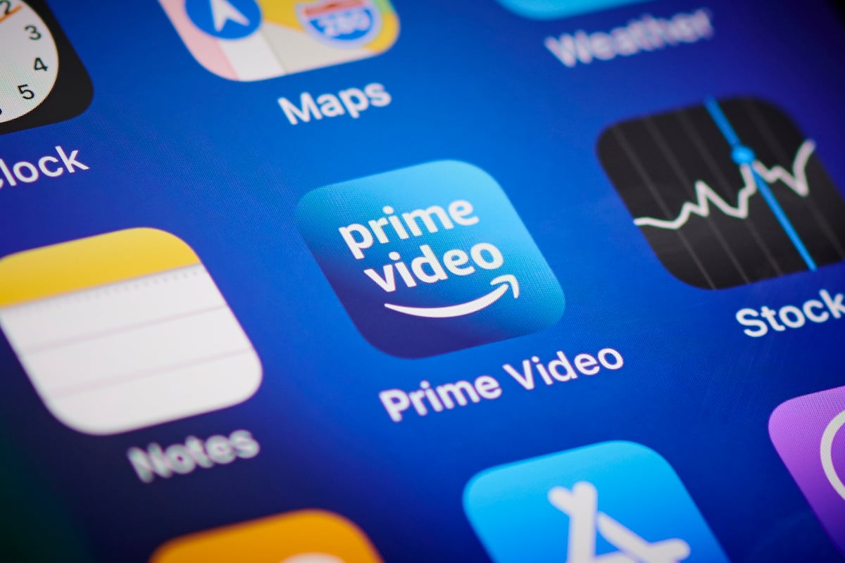 Close-up detail of the Amazon Prime Video app icon on an Apple iPhone 12 Pro smartphone screen, on November 11, 2020.