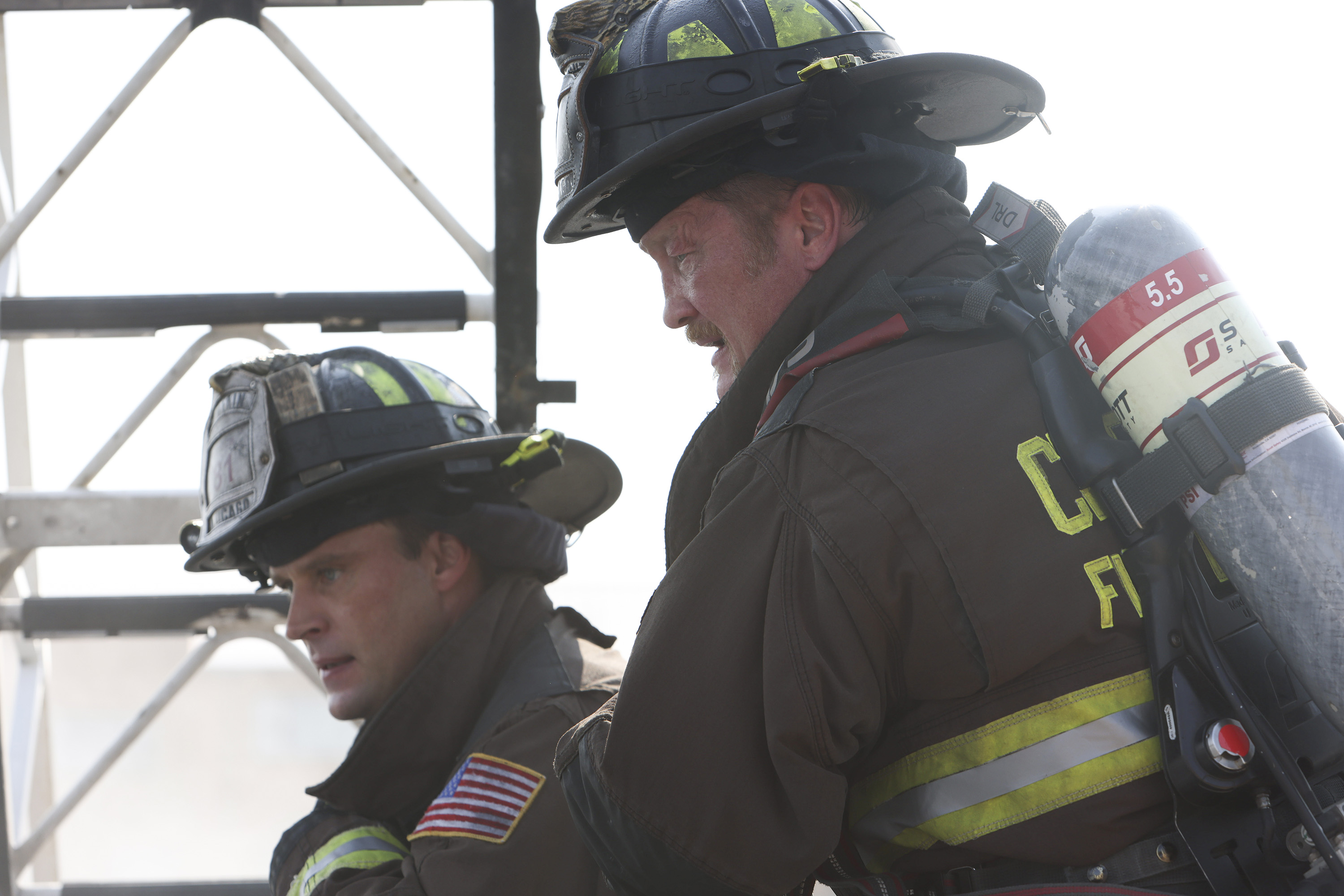 Jesse Spencer and Christian Stolte during a scene from Chicago Fire
