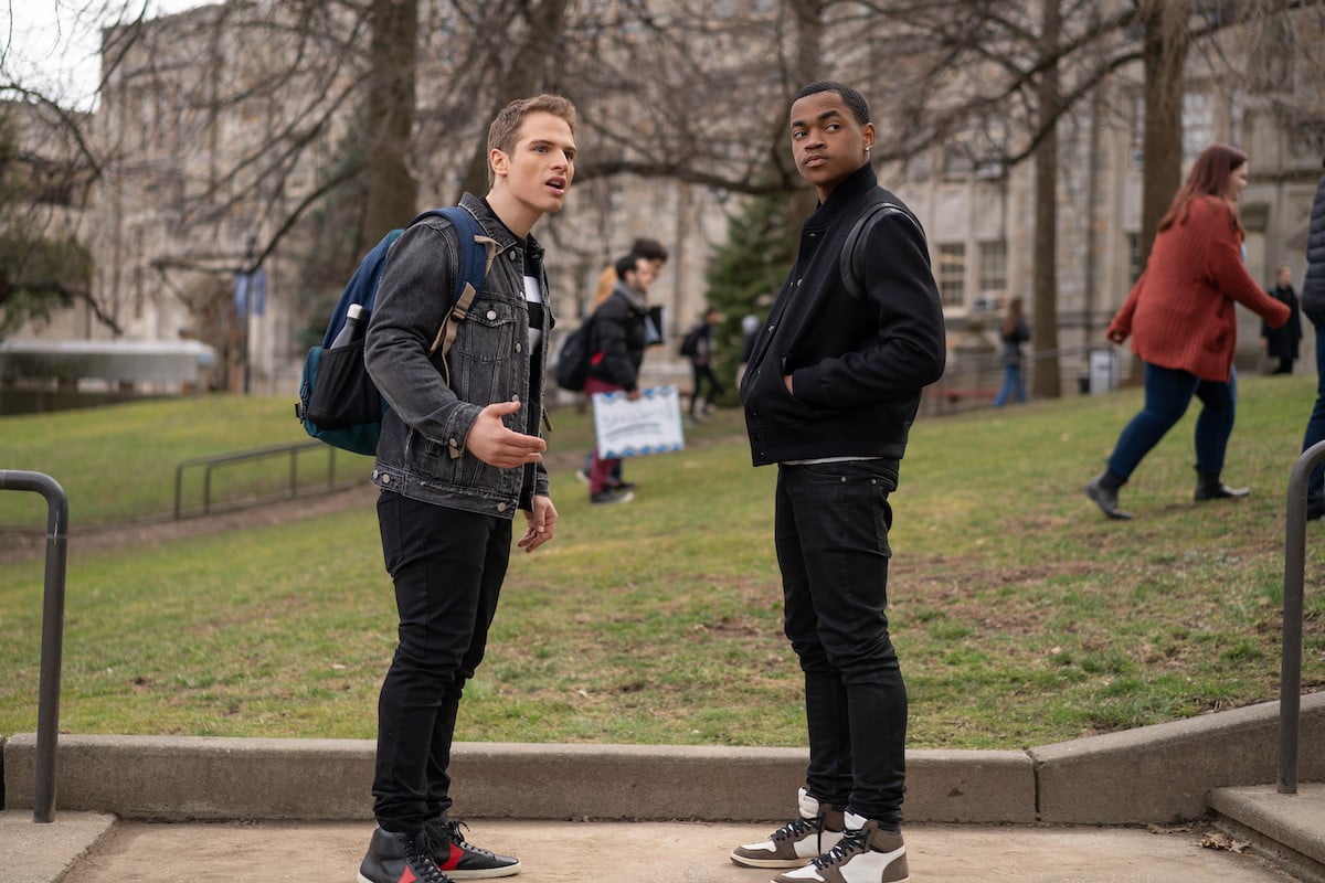 Gianni Paolo as Brayden and Michael Rainey Jr as Tariq looking around on their college campus in 'Power Book II: Ghost'