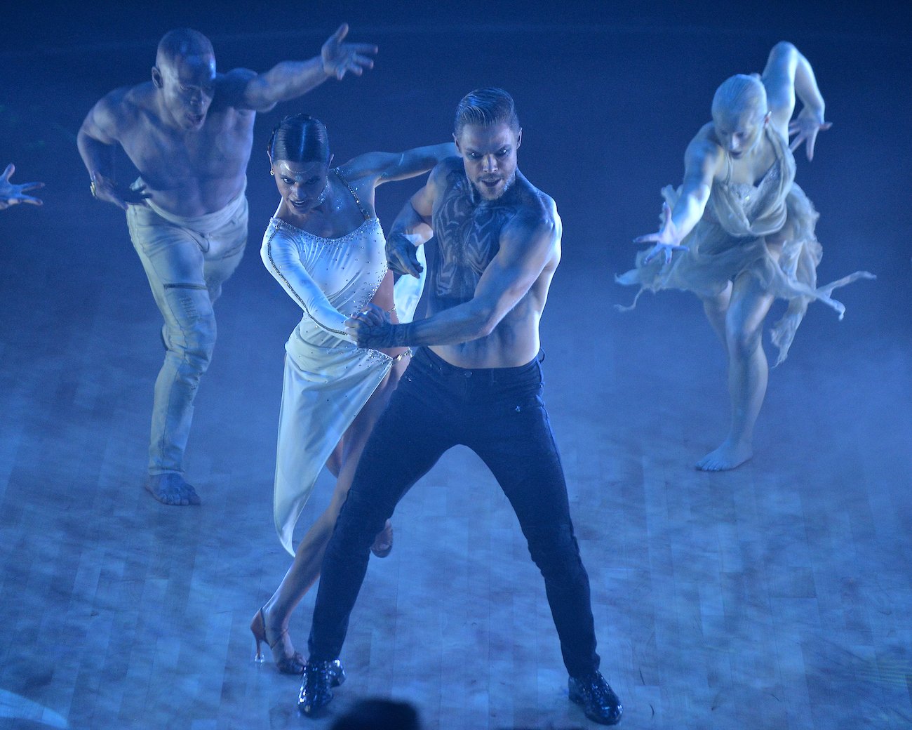 Derek Hough holds Hayley Erbert during their 'Tango of the Dead' from 'Dancing with the Stars' Season 30