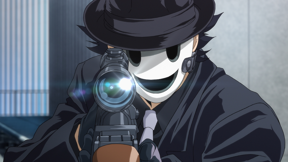 Yuka Makoto aka Sniper Mask wearing a black suit in Netflix's 'High Rise Invasion.'