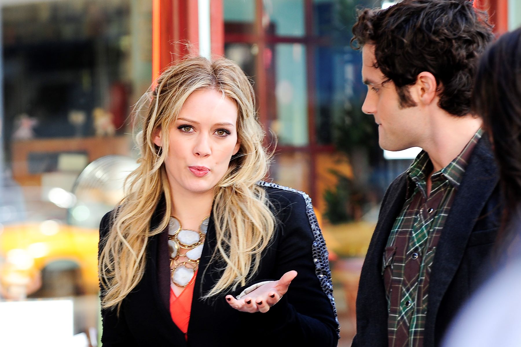 Hilary Duff and Penn Badgley filming the 'Gossip Girl' movie in Chelsea, New York City