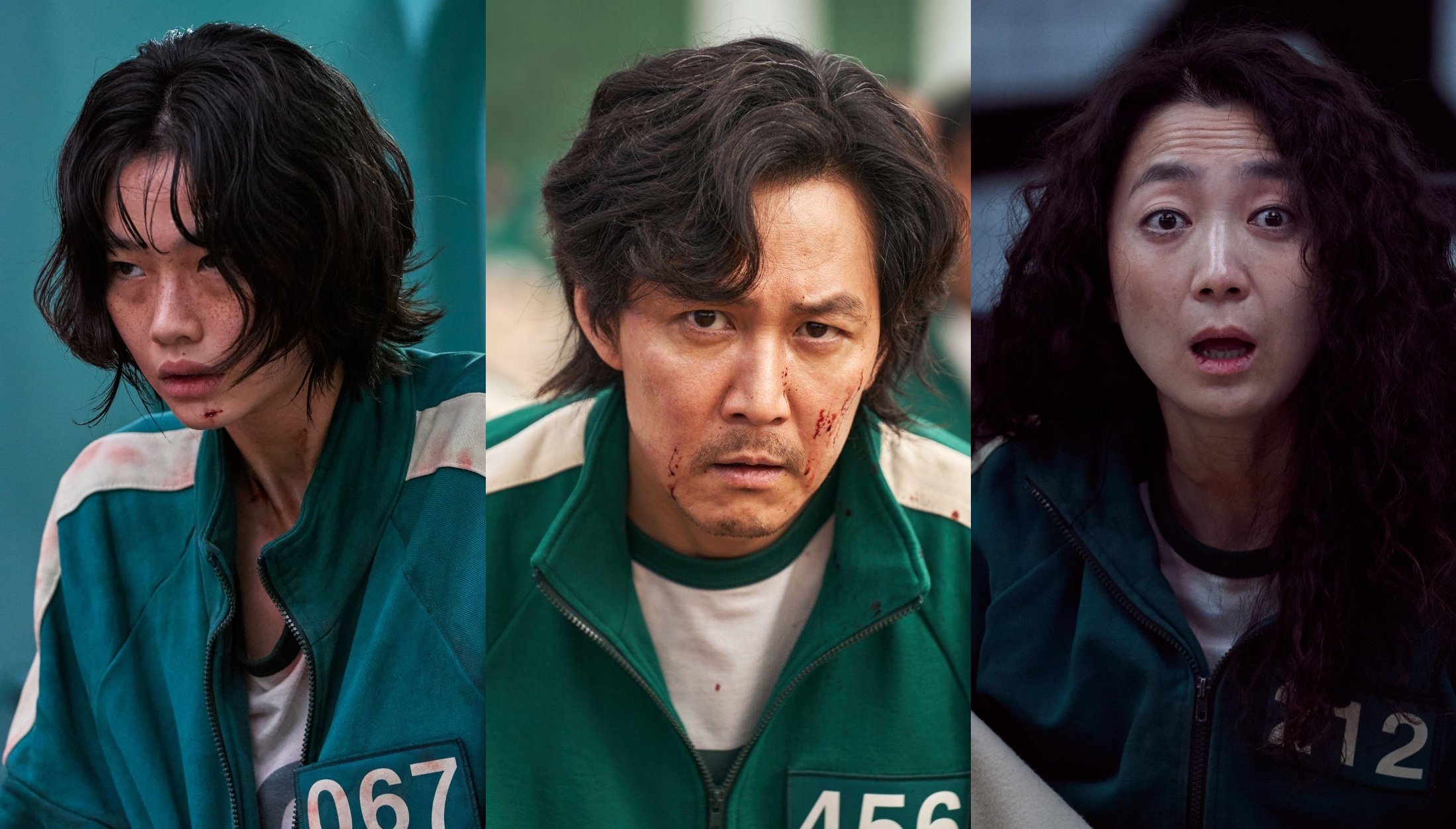 HoYeon Jung, Lee Jung-jae and Kim Joo-ryeong for 'Squid Game' cast wearing green tracksuits