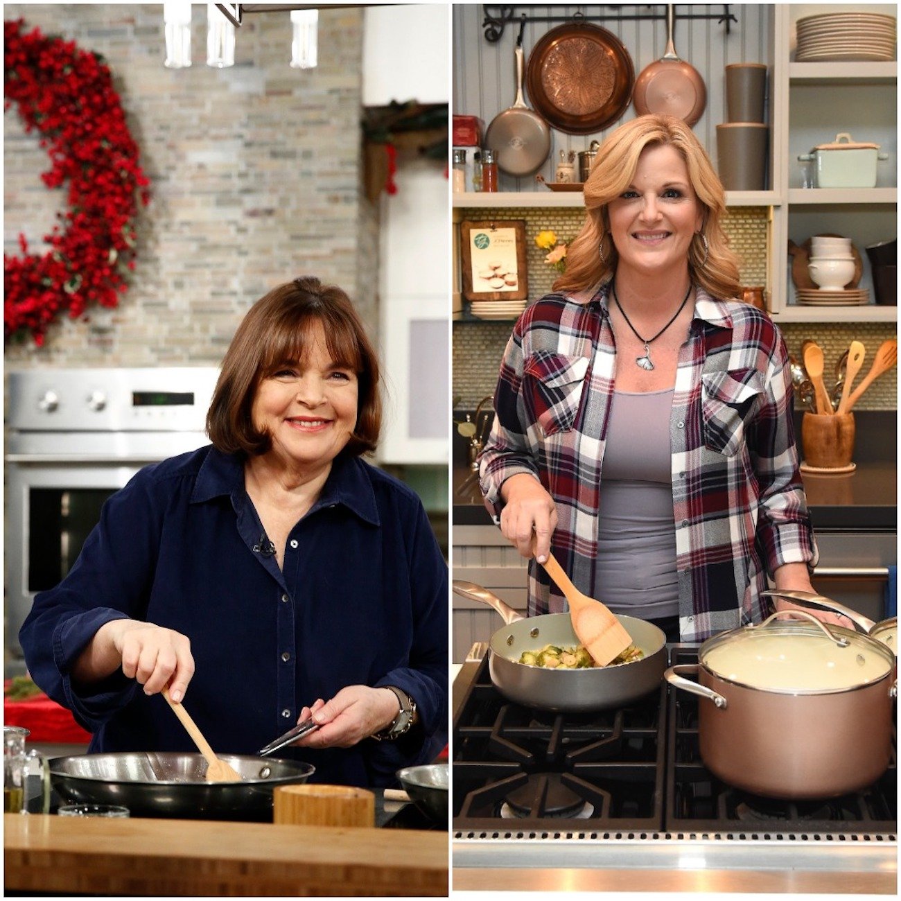 Ina Garten smiles as she stands at a stove; Trisha Yearwood smiles as she stands at stove