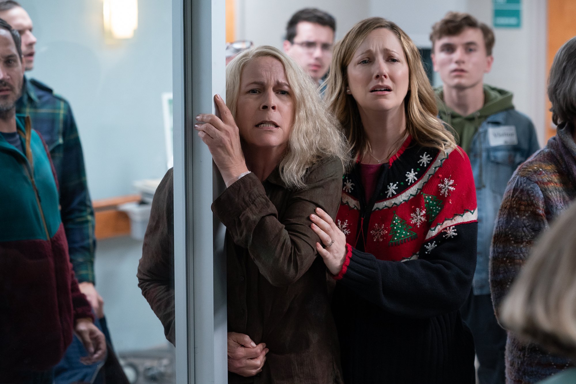 Jamie Lee Curtis and Judy Greer wait in the hospital