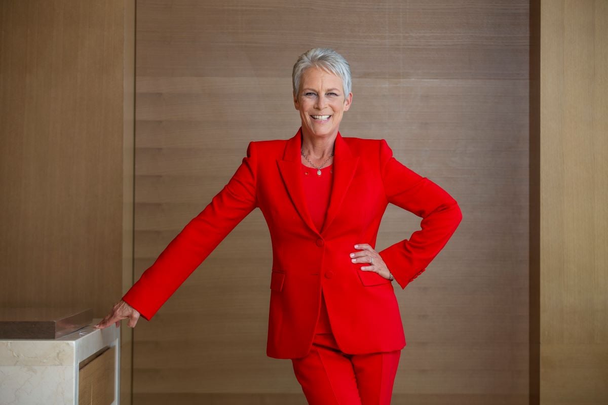 Jamie Lee Curtis in red suit