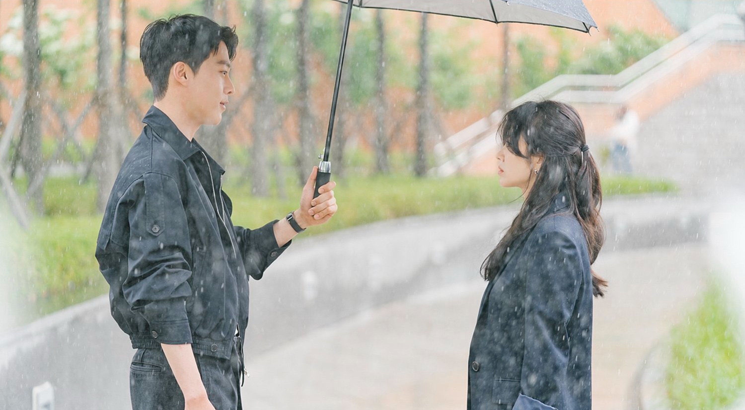 Jang Ki-Yong and Song Hye-Kyo for 'Now, We Are Breaking Up' K-drama characters standing in the rain facing each other