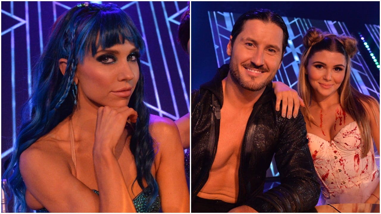 Jenna Johnson Chmerkovskiy looks at the camera with her hand on her chin; Val Chmerkovskiy sits with his season 30 partner Olivia Jade in the 'Dancing with the Stars' ballroom
