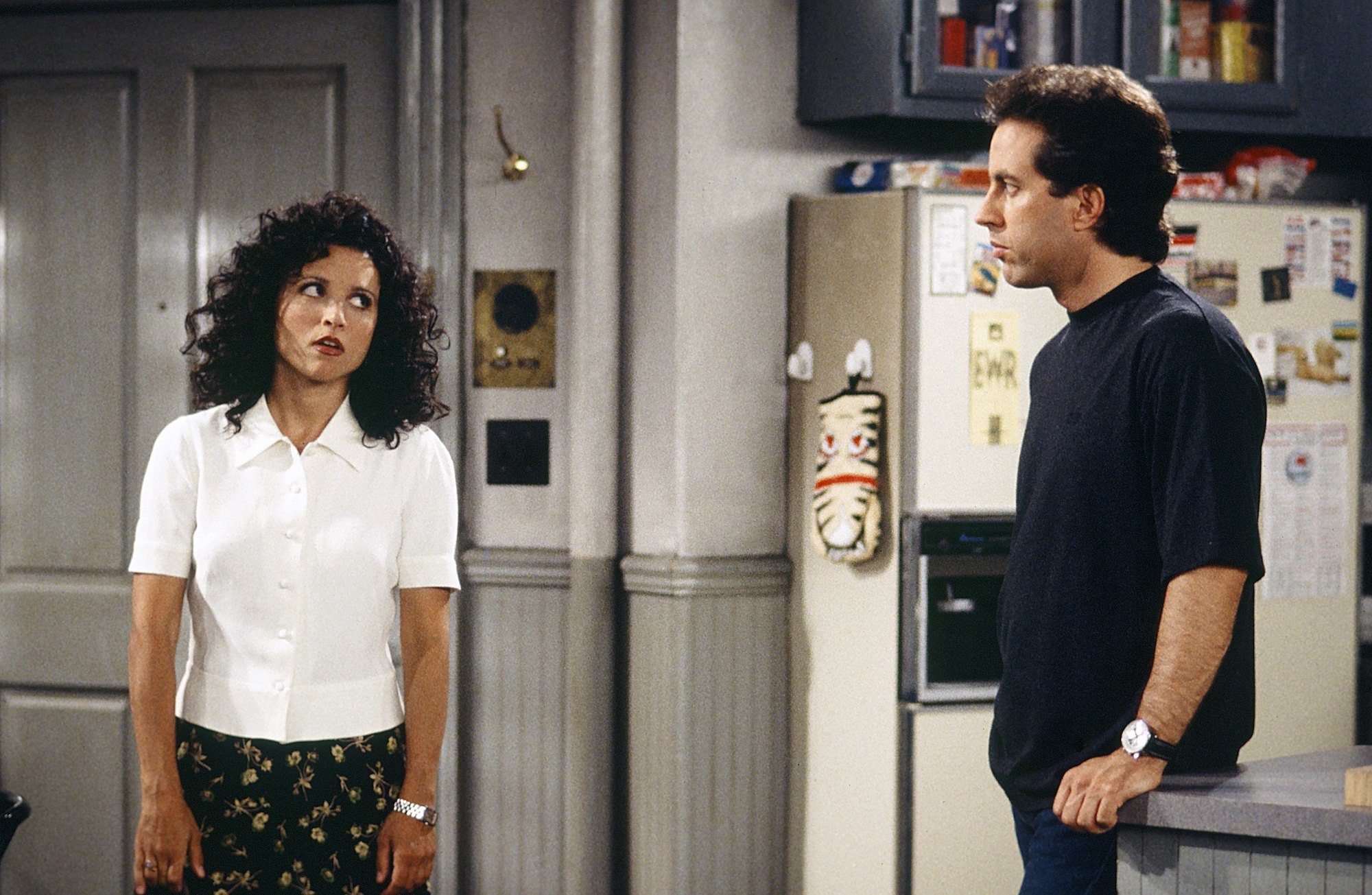Jerry Seinfeld and Julia Louis-Dreyfus stand in his kitchen