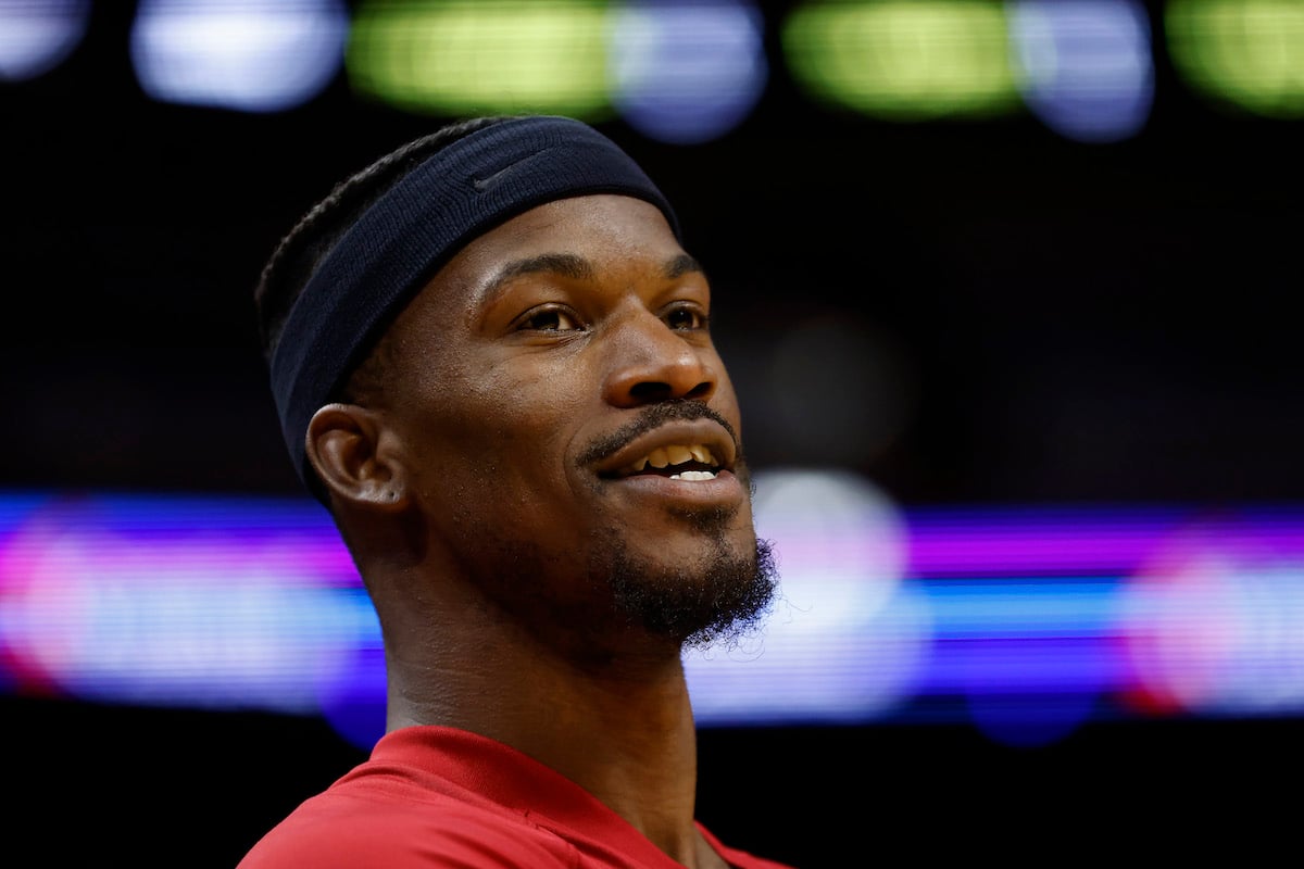 Jimmy Butler of the Miami Heat warms up prior to a preseason game