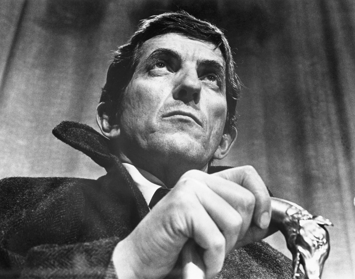 Black and white image of Jonathan Frid as vampire Barnabas Collins in 'Dark Shadows'
