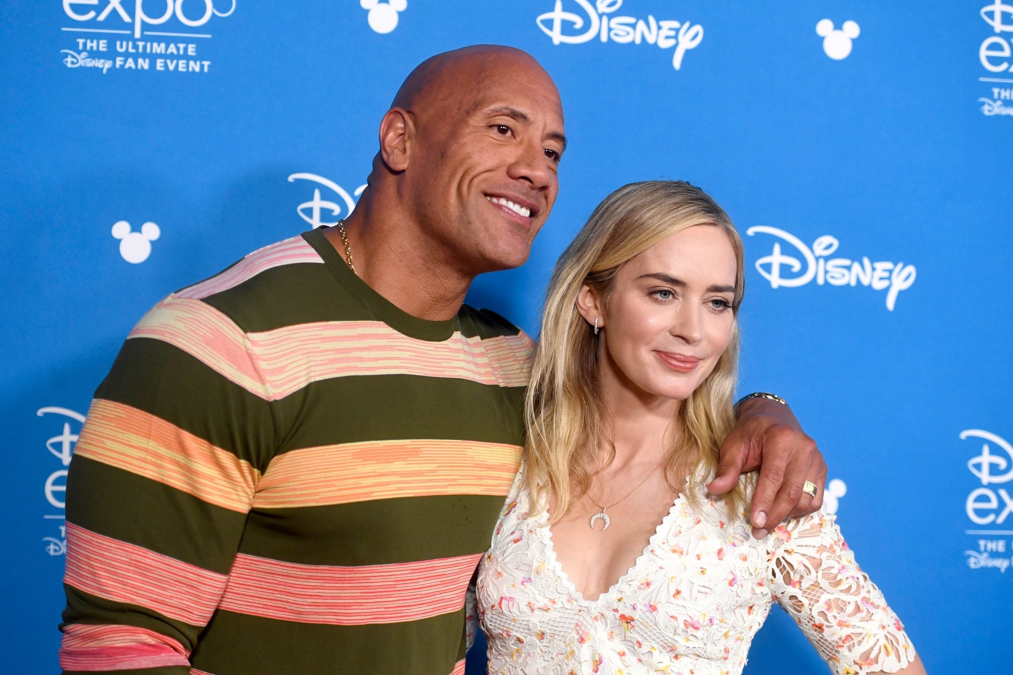 'Jungle Cruise' actors Dwayne Johnson and Emily Blunt smiling at D23 Expo 2019