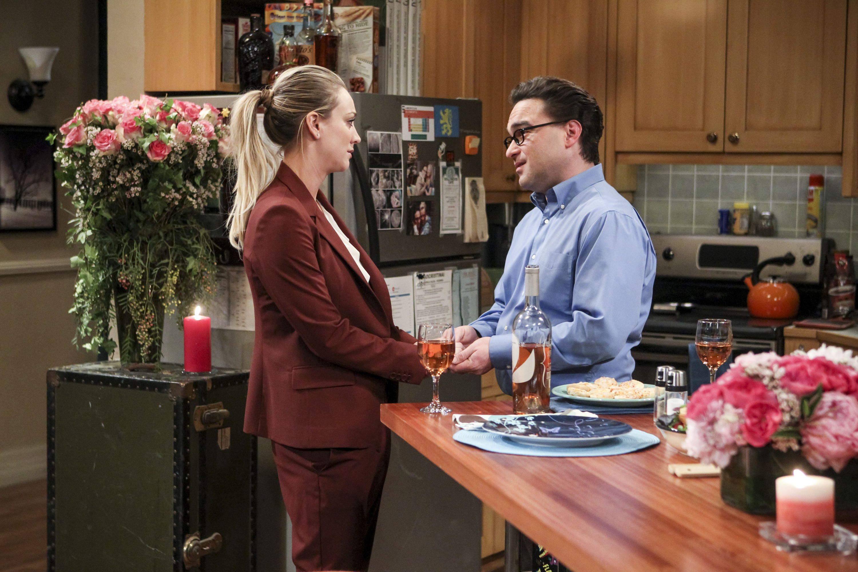 'The Big Bang Theory' stars Kaley Cuoco and Johnny Galecki as their characters Penny and Leonard in a scene from the series.