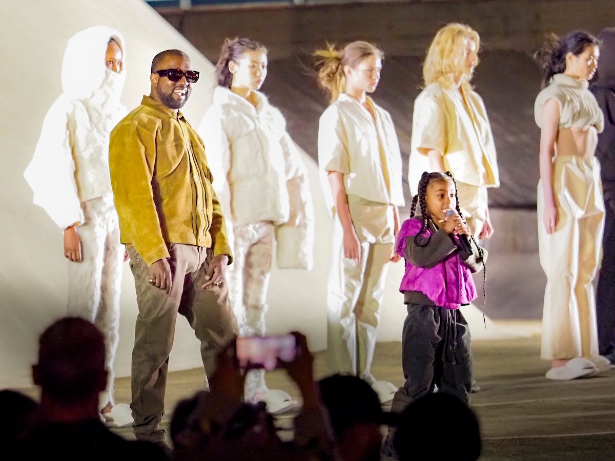 Kanye West and daughter North West attend the Yeezy Season 8 show as part of the Paris Fashion Week Womenswear Fall/Winter 2020/2021 on March 2, 2020, in Paris, France