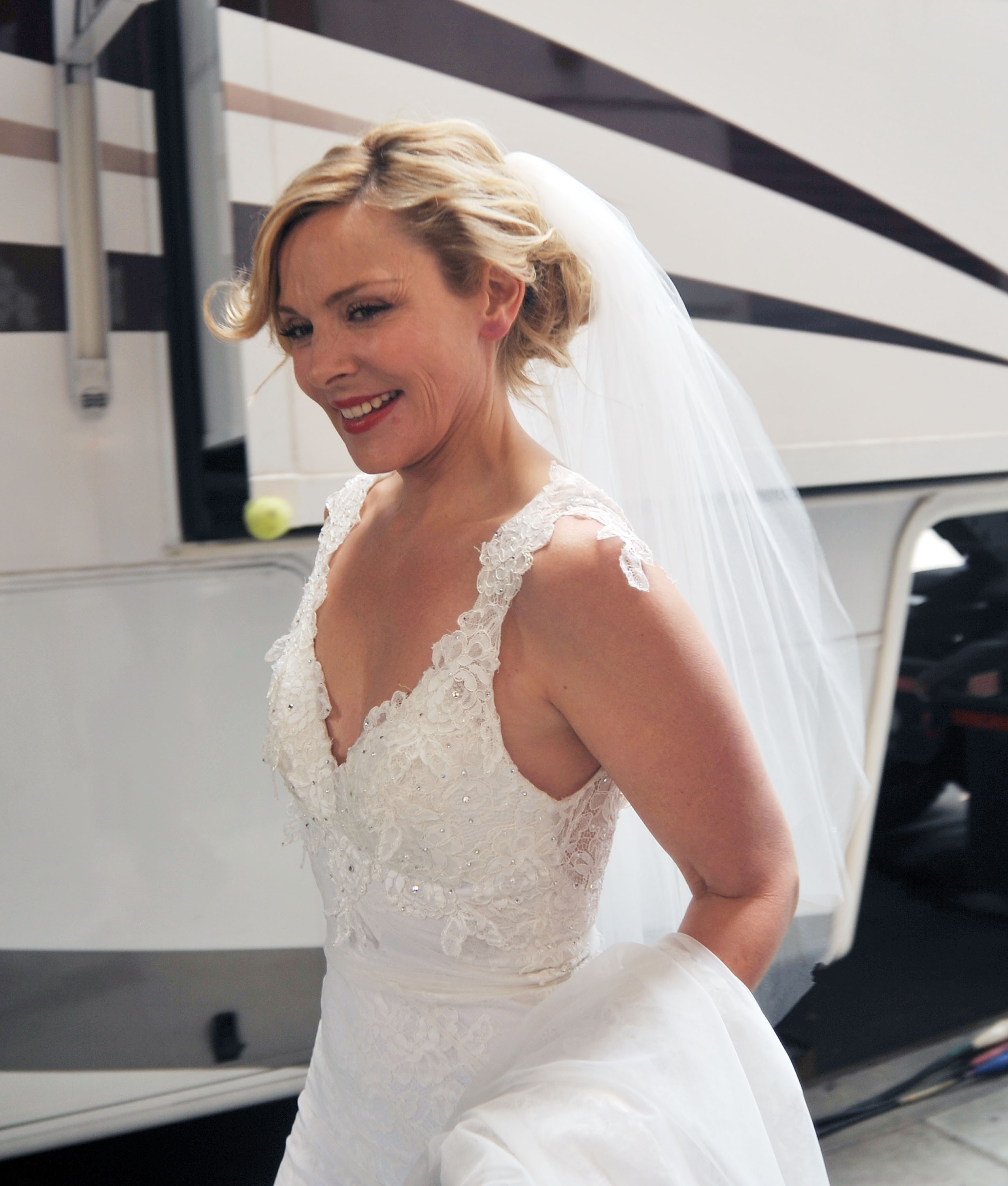 Kim Cattrall is seen wearing a wedding gown on the set of 'Sex and the City 2' in 2008