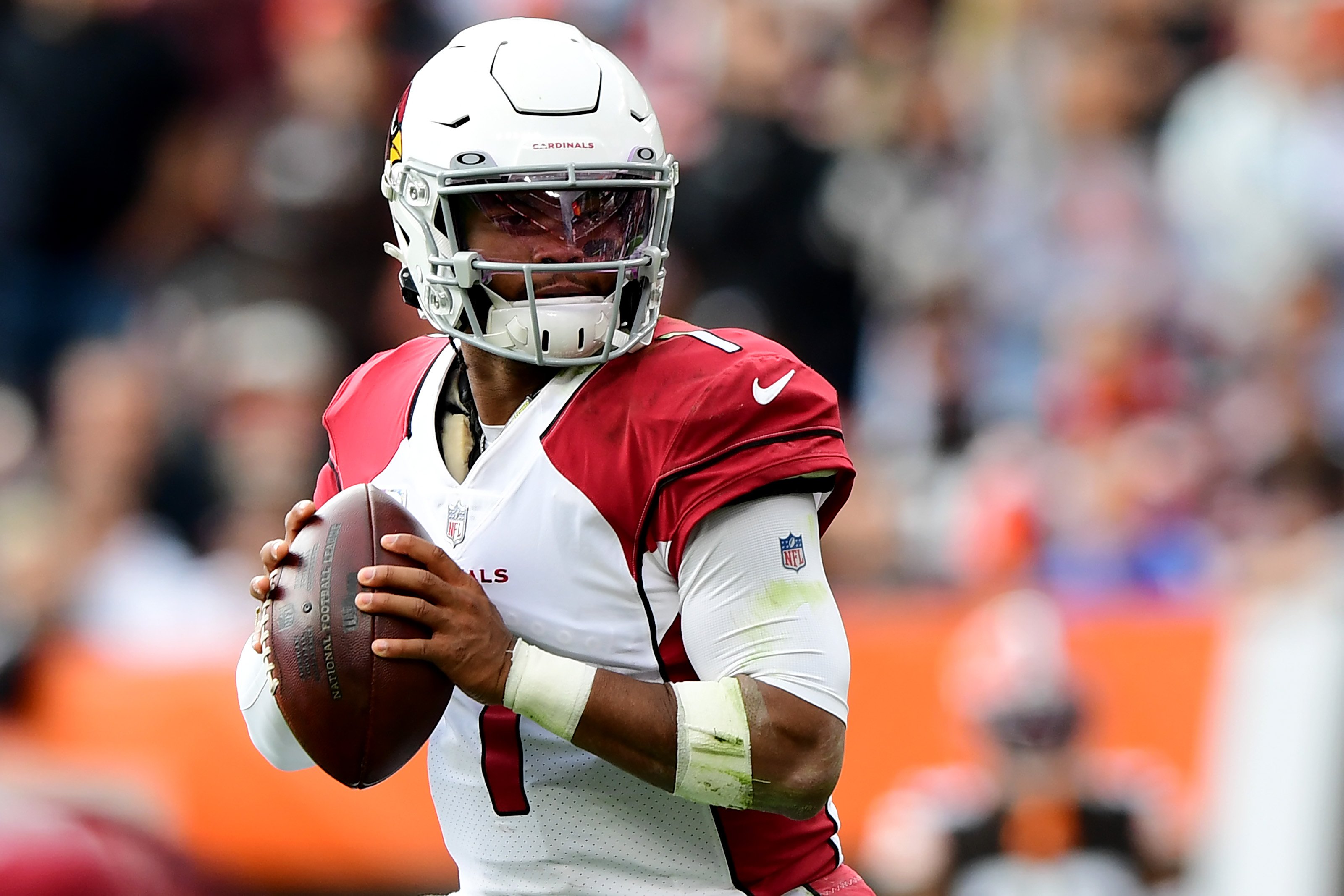 Kyler Murray #1 of the Arizona Cardinals drops back to pass during a game against the Cleveland Browns at FirstEnergy Stadium on October 17, 2021