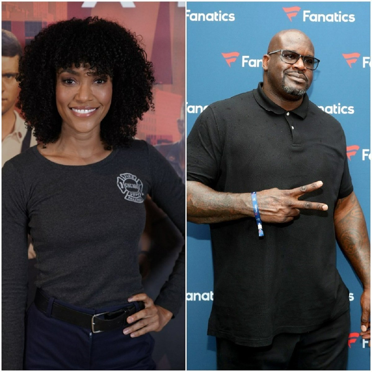 (L): Annie Ilonzeh pictured at "One Chicago Day," (R): Shaquille O'Neal giving the peace sign at Fanatics Super Bowl Party