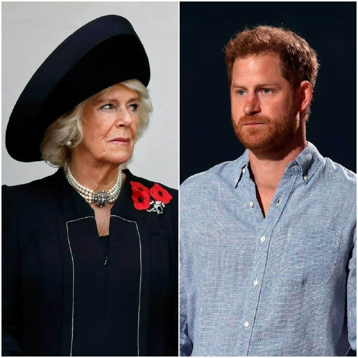 (L): Camilla Parker Bowles dressed in black at the annual Remembrance Sunday Service at The Cenotaph, (R); Prince Harry onstage at the Global Citizen VAX LIVE concert in California