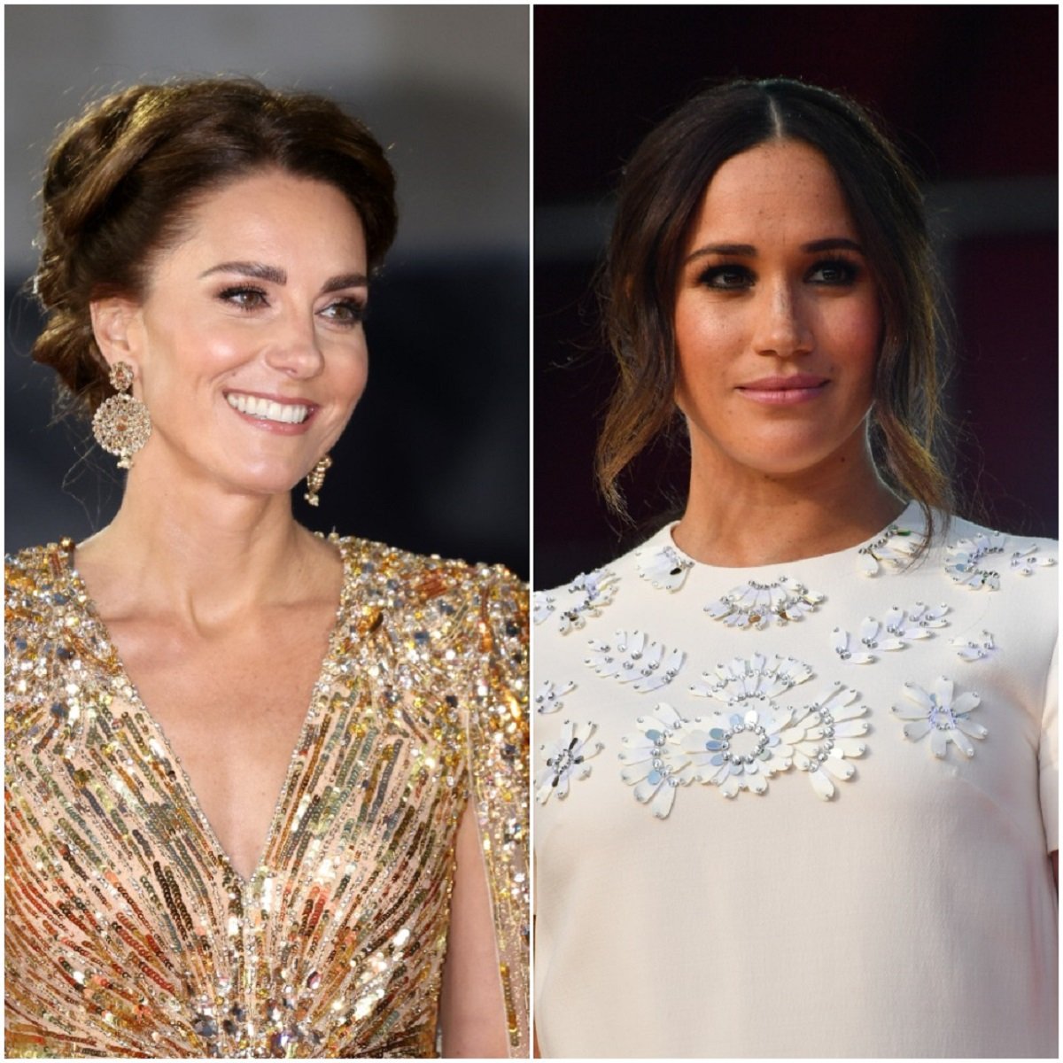 (L) Kate Middleton at the 'No Time To Die' Premiere, (R) Meghan Markle at the Global Citizen Live event in NYC