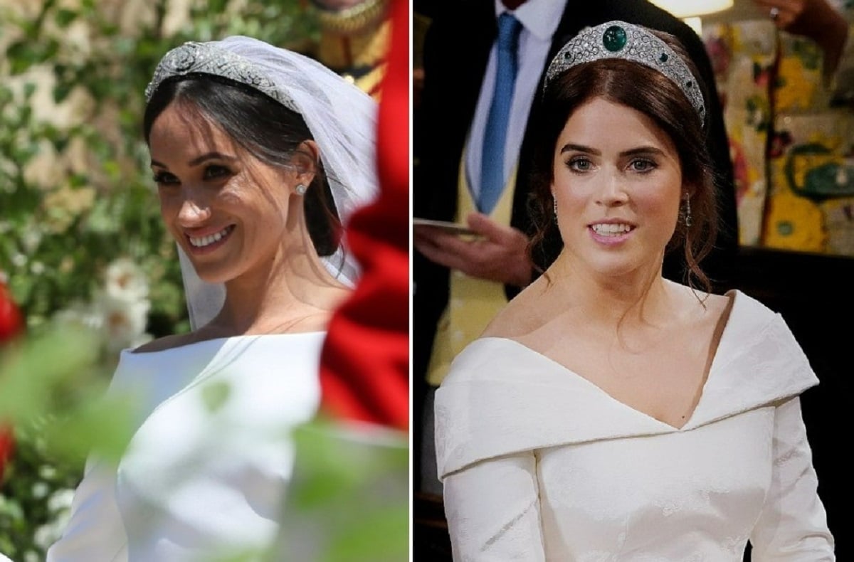 (L): Meghan Markle leaves St. George's Chapel after her wedding, (R): Princess Eugenie on wedding day at St. George's Chapel