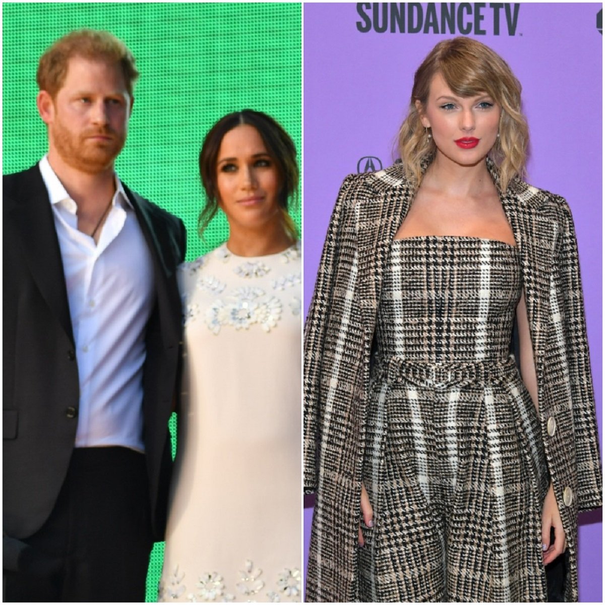 (L) Prince Harry and Meghan Markle onstage at Global Citizen Live Event, (R) Taylor Swift poses on red carpet at Sundance Film Festival