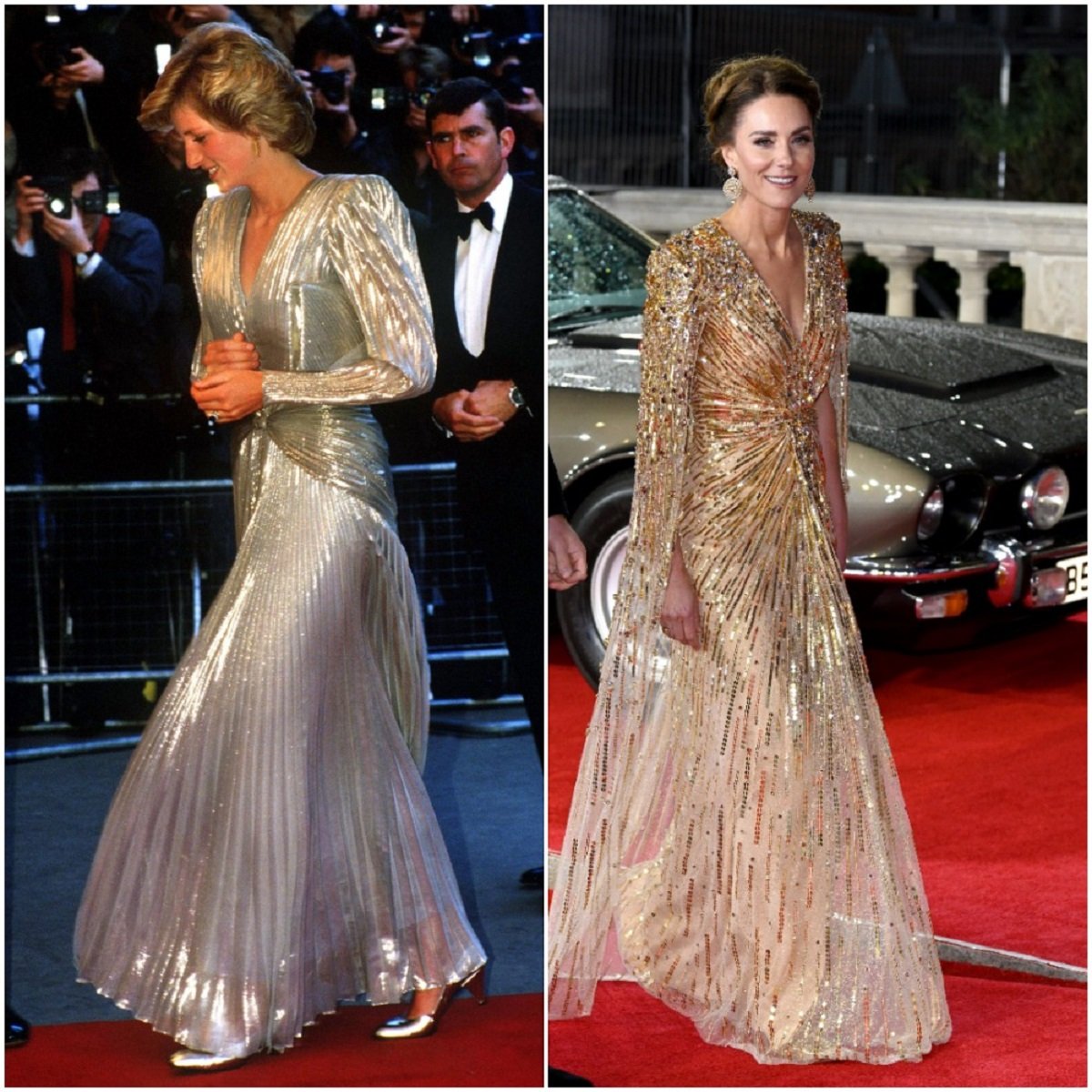 (L): Princess Diana at the 'A View To Kill' premiere, (R): Kate Middleton at the 'No Time To Die' premiere