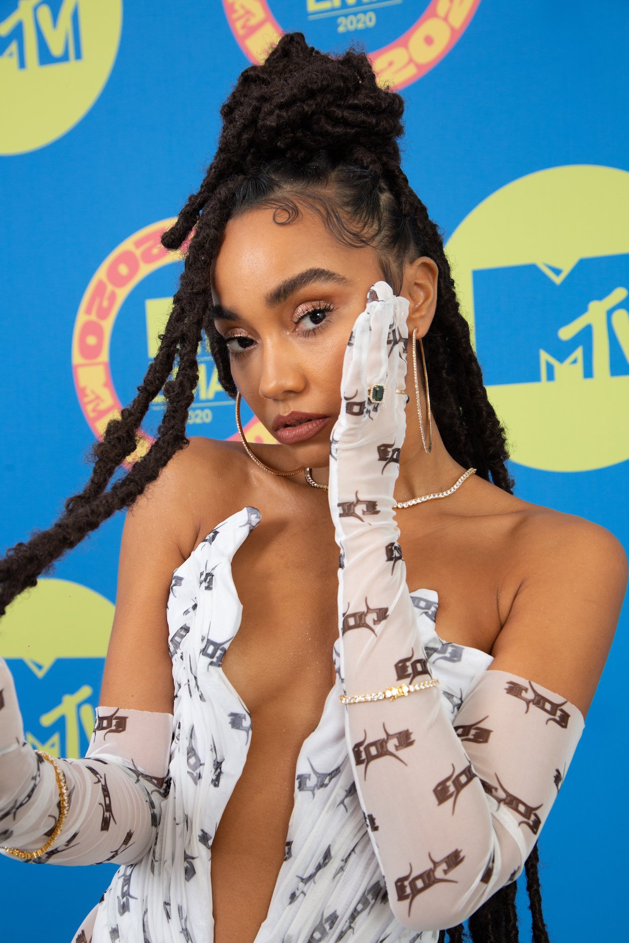 Leigh-Anne Pinnock of Little Mix wearing a black and white dress