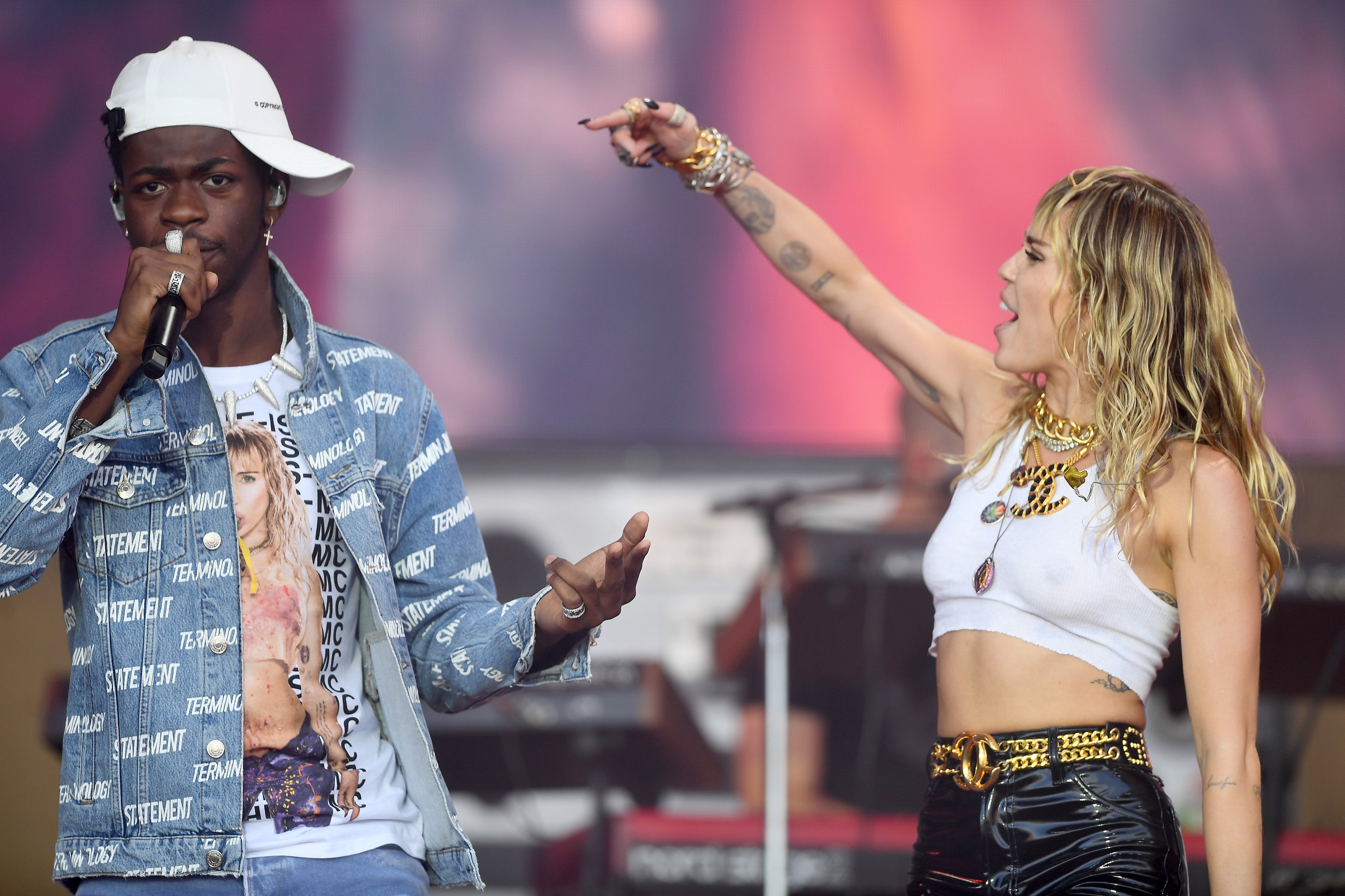 Lil Nas X and Miley Cyrus perform on the Pyramid stage during day five of Glastonbury Festival