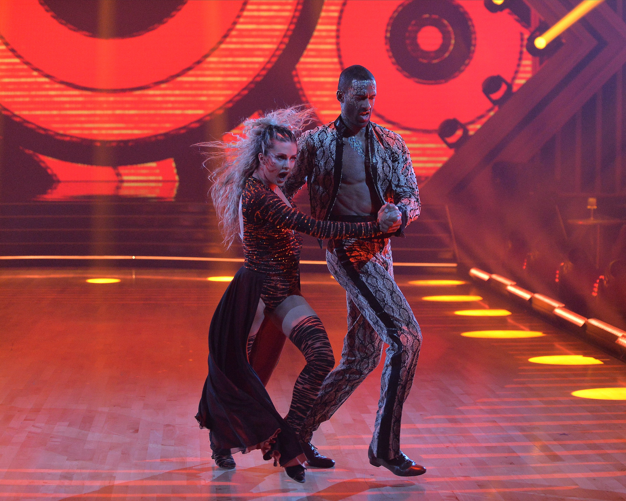 Lindsay Arnold dances with Matt James during Disney Villains Night on 'Dancing with the Stars'