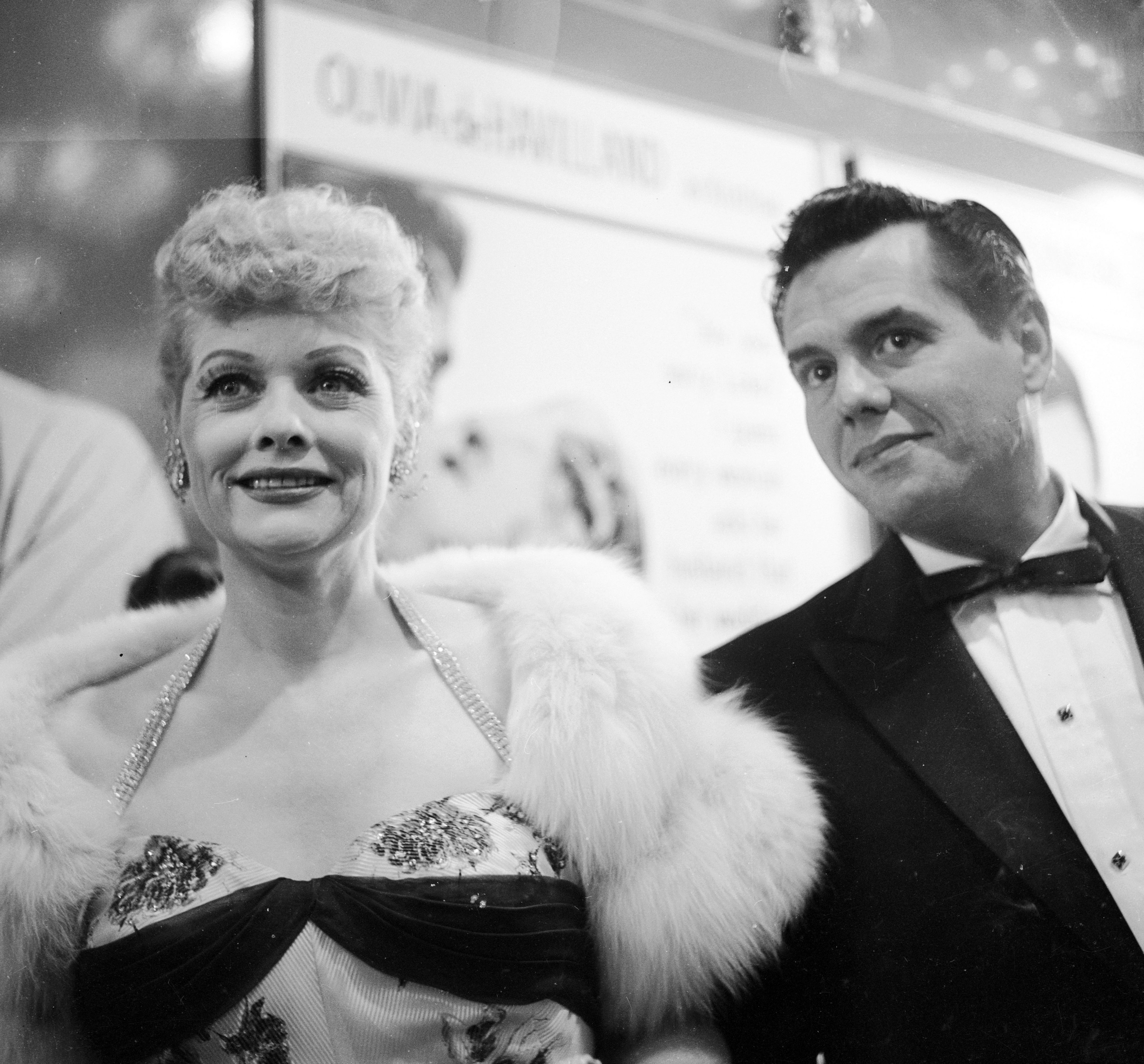 'I Love Lucy' stars Lucille Ball and her husband Desi Arnaz arrive at a CBS party in honor of Johnny Carson