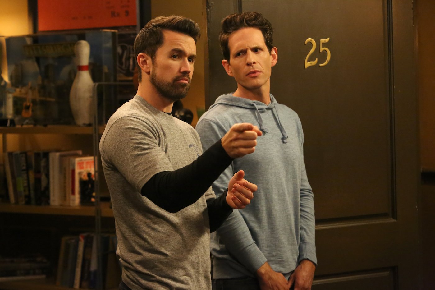 Mac and Dennis in a production still from 'It's Always Sunny in Philadelphia' Season 14.