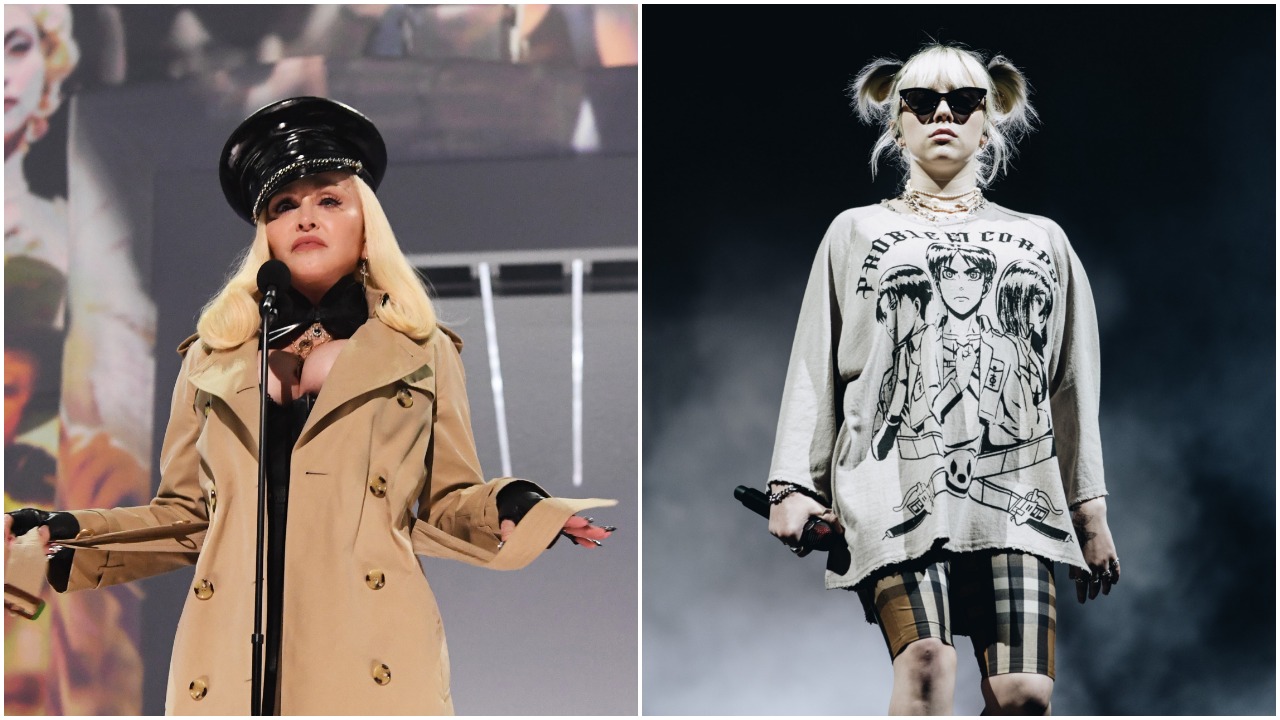 A photo of Madonna on stage next to a photo of Billie Eilish on stage