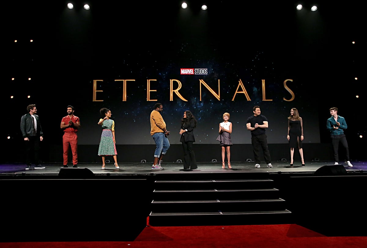 Richard Madden, Kumail Nanjiani, Lauren Ridloff, Salma Hayek, Lia McHugh, Don Lee, Angelina Jolie, and Barry Keoghan of 'The Eternals' before 'Age of Ultron' Easter egg