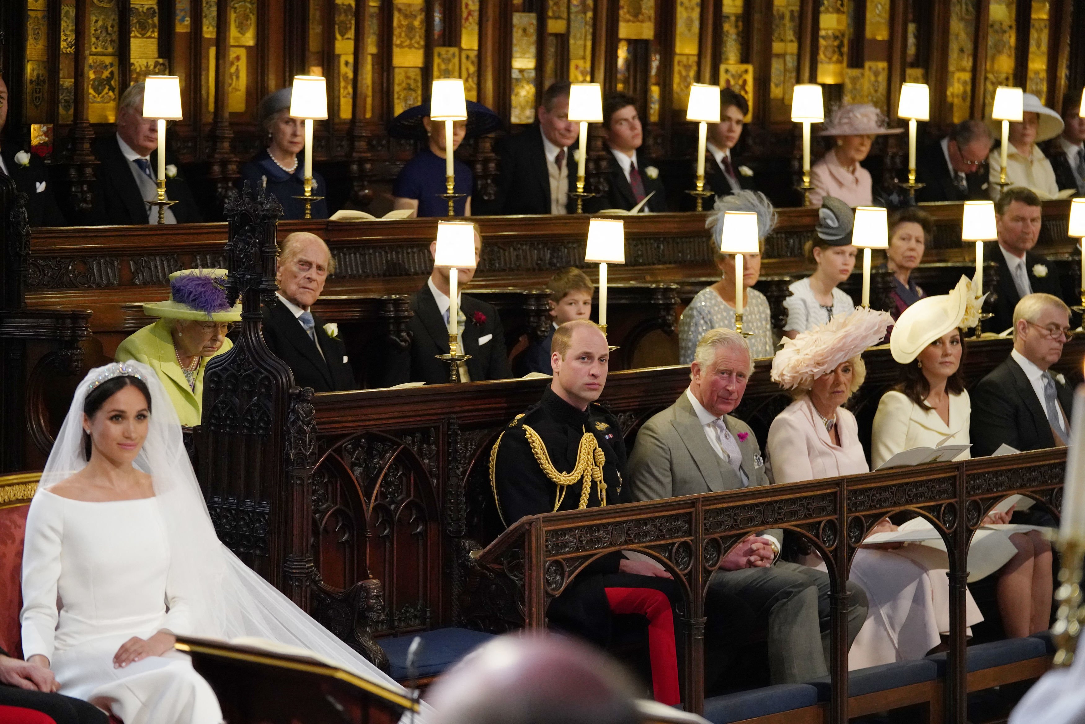 Meghan Markle seated near the royal family in St George's Chapel for her wedding to Prince Harry