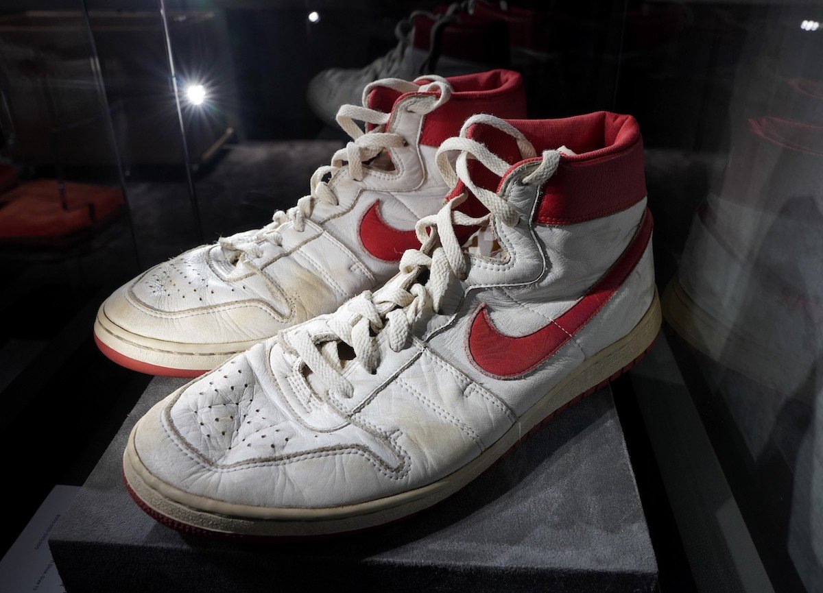 A pair similar to Michael Jordan's Nike sneakers sold at this weekend's Sotheby's auction. Pictured: Air Ship, MJ Player Exclusive, game-worn sneaker Nike, 1984; left shoe: size 13.5, right shoe: Size 13, high-top on display during a press preview on July 24, 2020, at Christie's New York