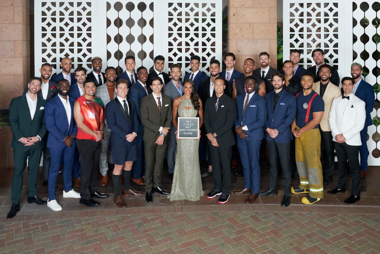 The men of Michelle Young's season of 'The Bachelorette': Back Row: Joe, Mollique, Alec, Pardeep, Romeo, Garrett, Chris G., Clayton, Bryan; Middle Row: Nayte, Rick, Spencer, Pj, Casey, Will, Jomarri, Peter, Jamie, Martin; Front Row: Lt, Olu, Rodney, Chris S., Edward, Michelle Young, Brandon J., Leroy, Brandon K., Daniel, Jack