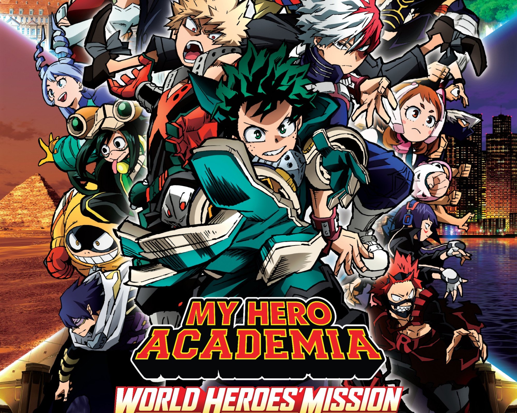The movie poster for 'My Hero Academia: World Heroes' Mission.' It shows Deku and his classmates in the middle, with a pyramid on the left and a cityscape on the right.