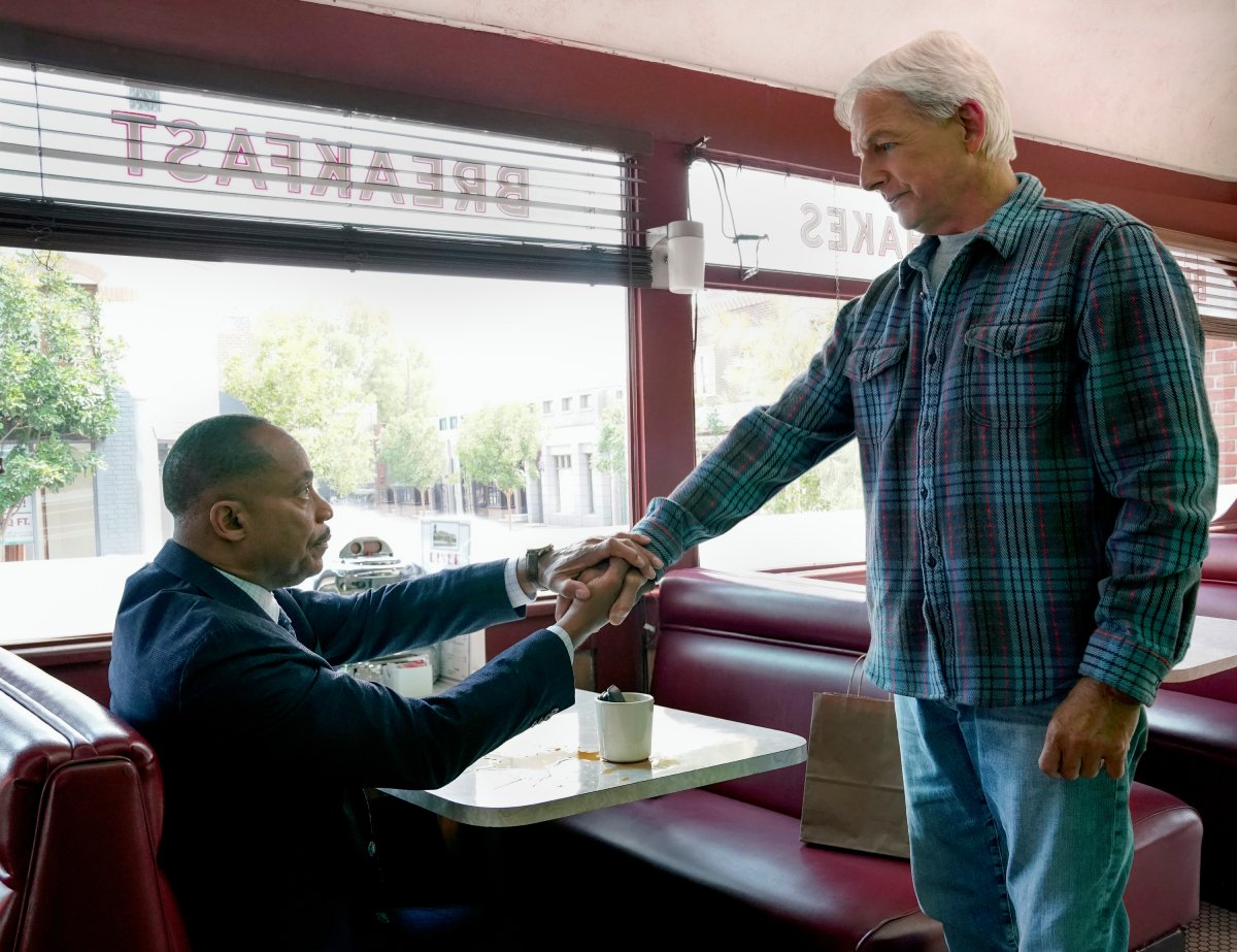 Mark Harmon as NCIS Special Agent Leroy Jethro Gibbs with Rocky Carroll as NCIS Director Leon Vance