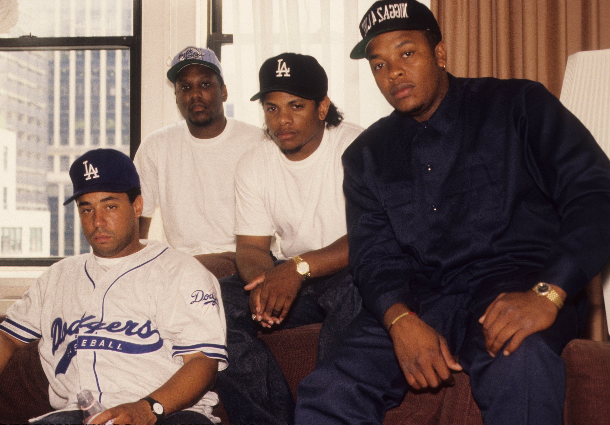 (L-R) Rappers MC Ren, DJ Yella, Eazy-E and Dr. Dre of the rap group NWA