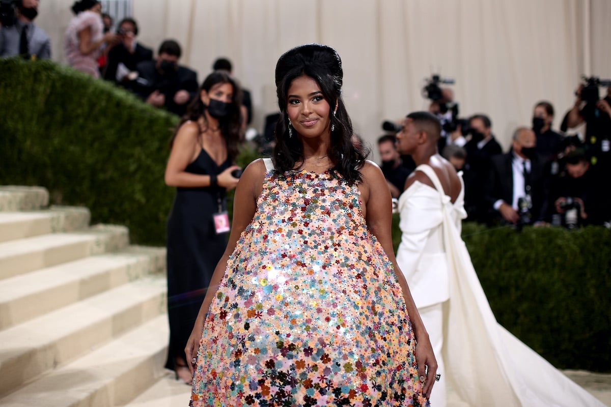 Natalia Bryant smiling in a sequined balloon shaped gown at the 2021 Met Gala