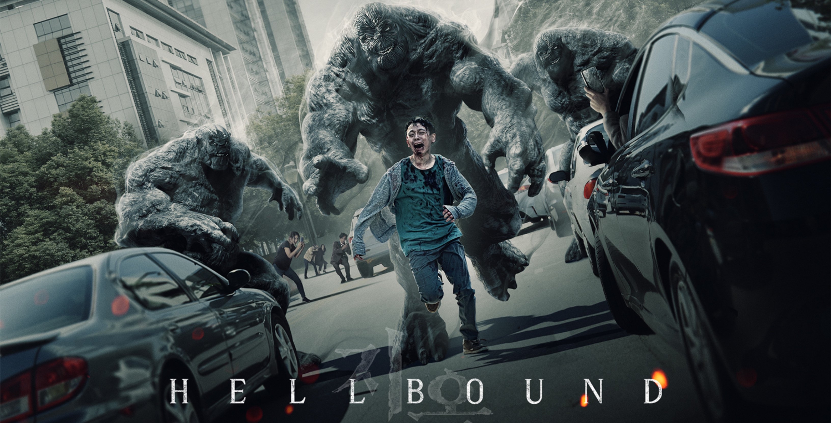 Netflix 'Hellbound' horror K-drama poster showing monsters chasing a victim through traffic.