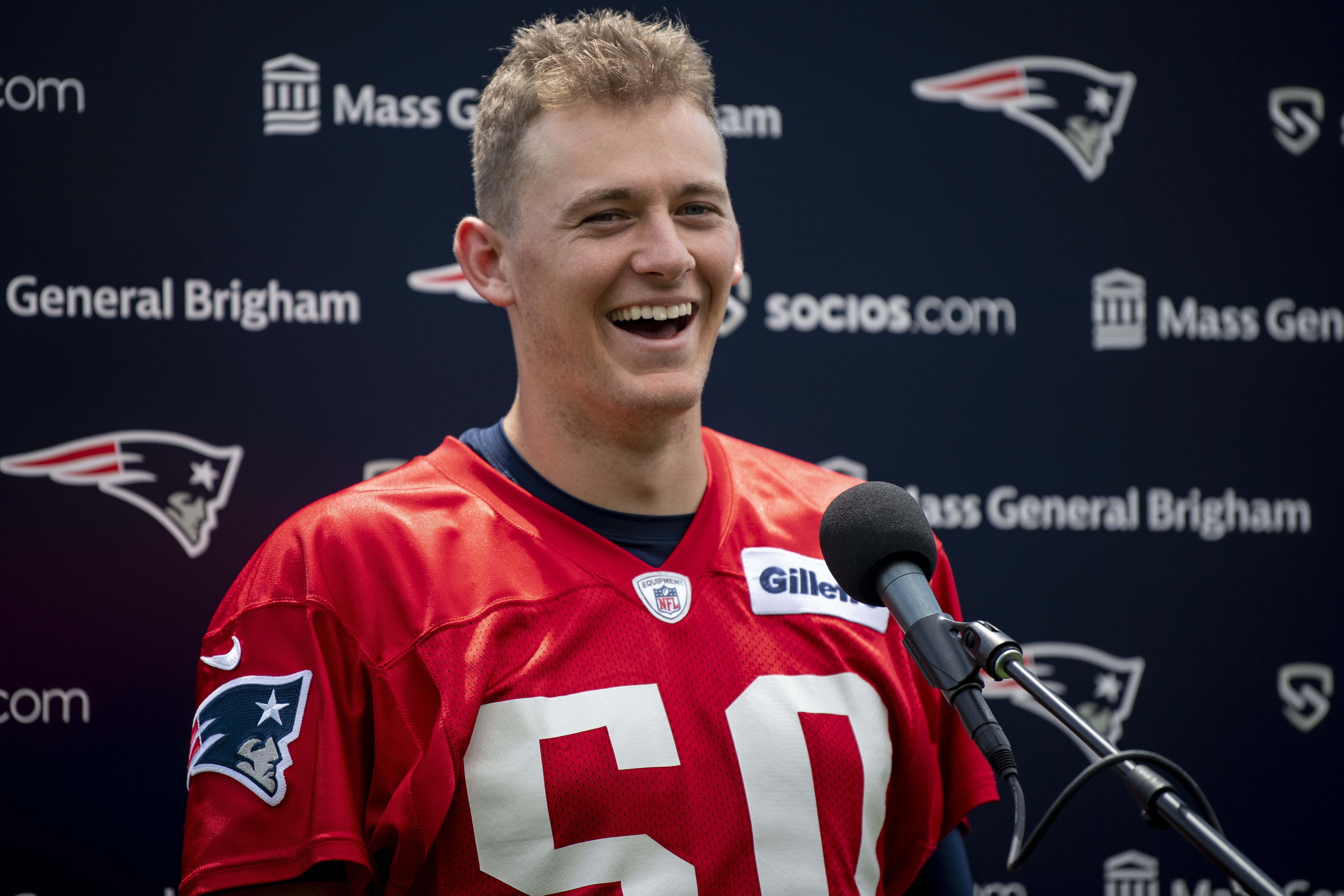 New England Patriots quarterback Mac Jones addressing the media