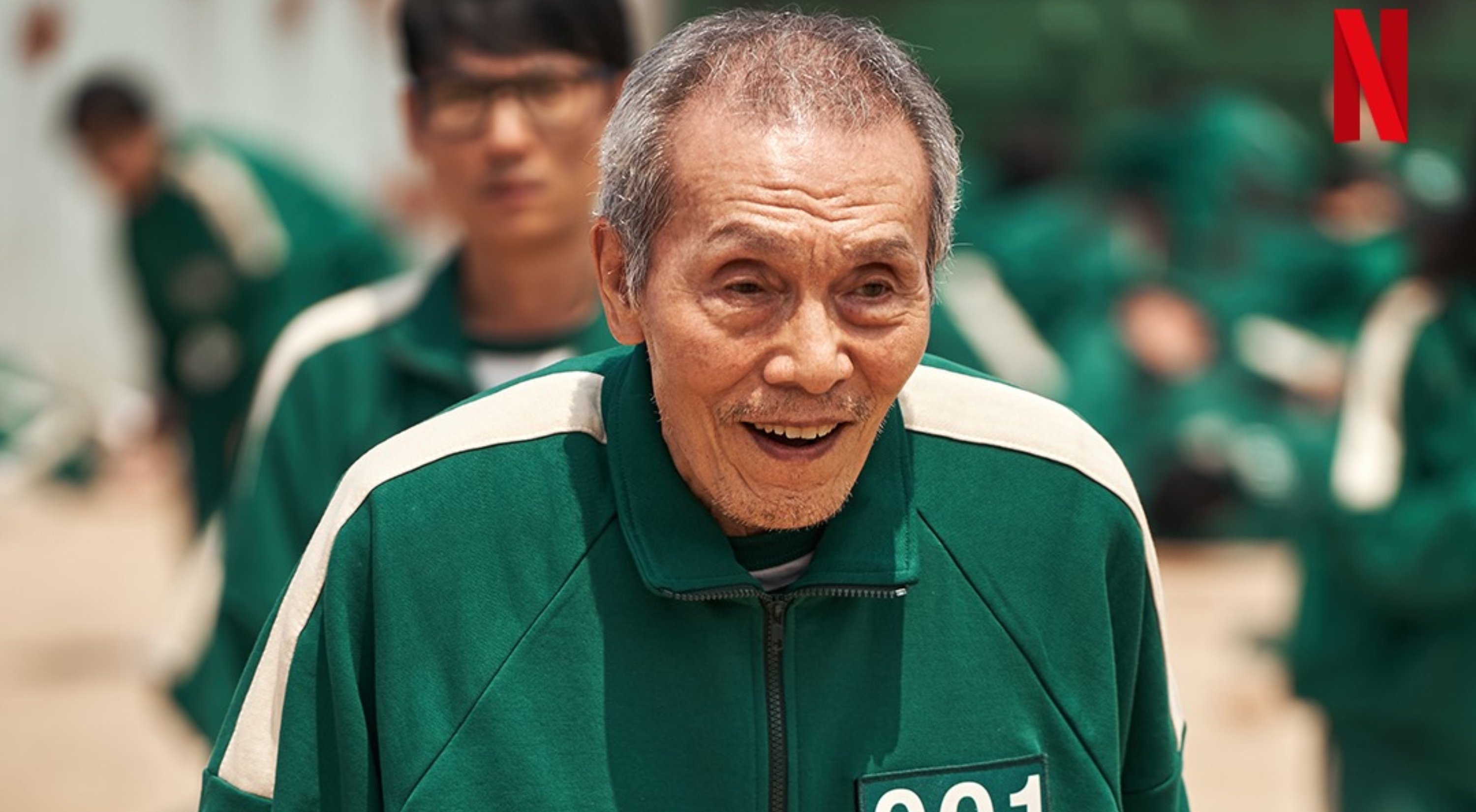 Oh Yeong-Su as Oh Il-Nam in 'Squid Game' on Netflix wearing green tracksuit