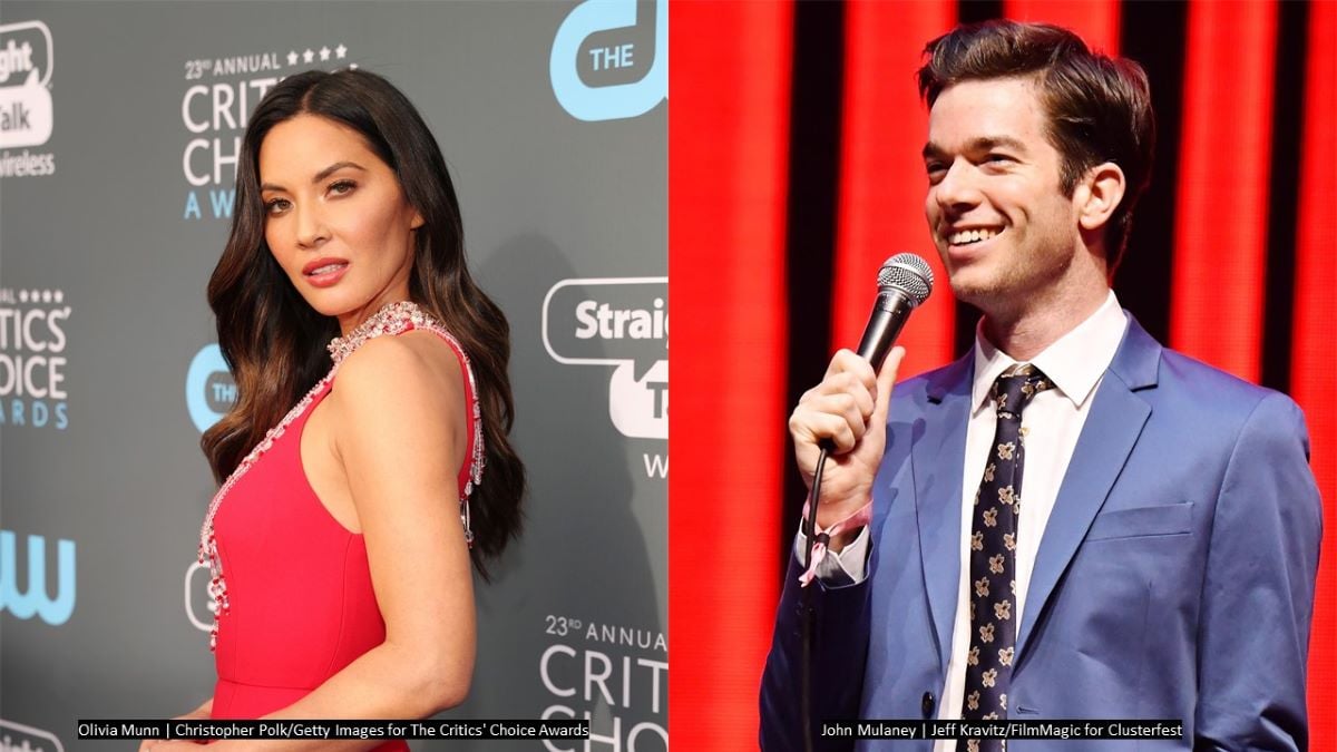 (L) Olivia Munn poses in a red dress (R) John Mulaney smiles while holding a microphone