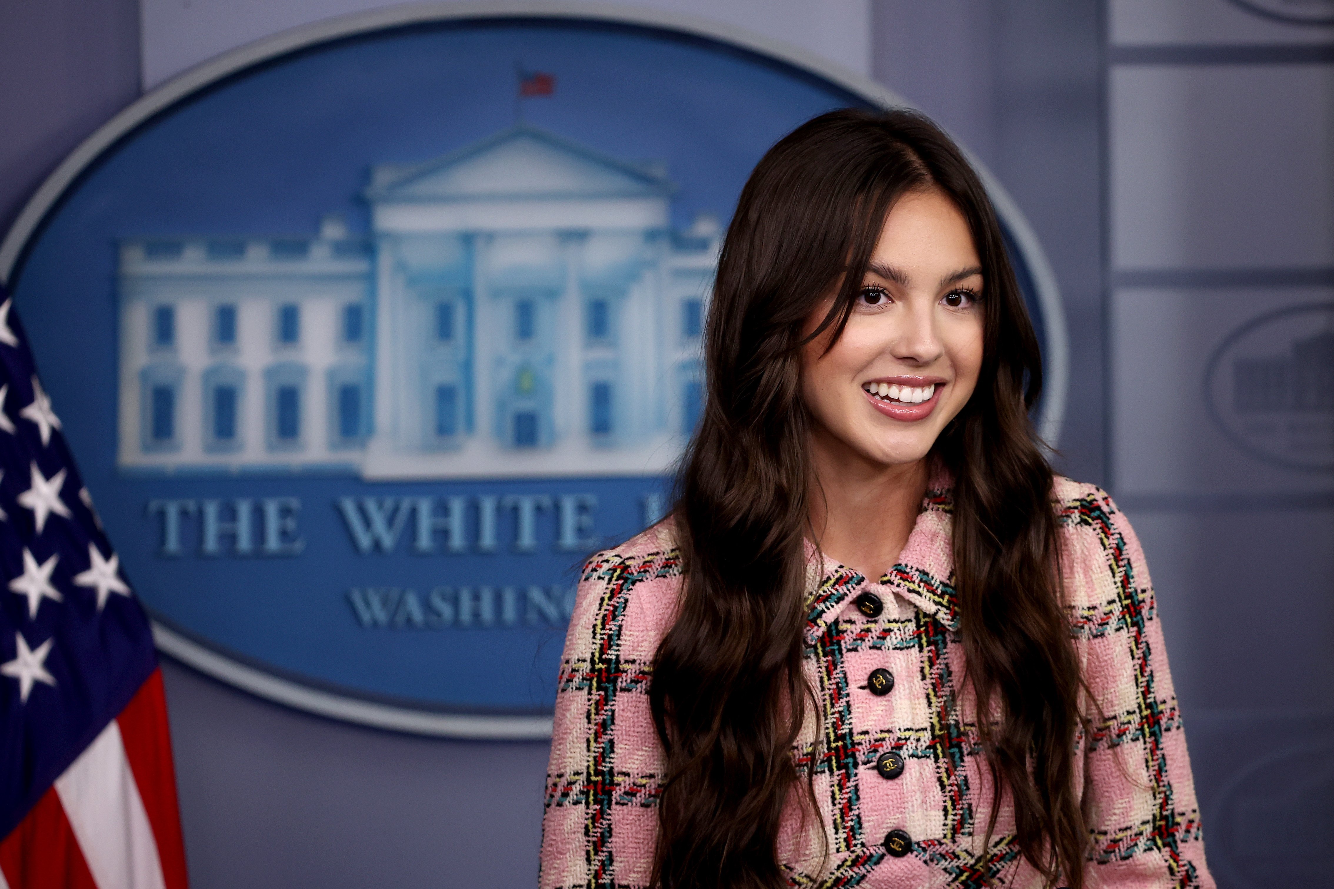 Pop music star and Disney actress Olivia Rodrigo makes a brief statement to reporters at the beginning of the daily news conference in the Brady Press Briefing Room