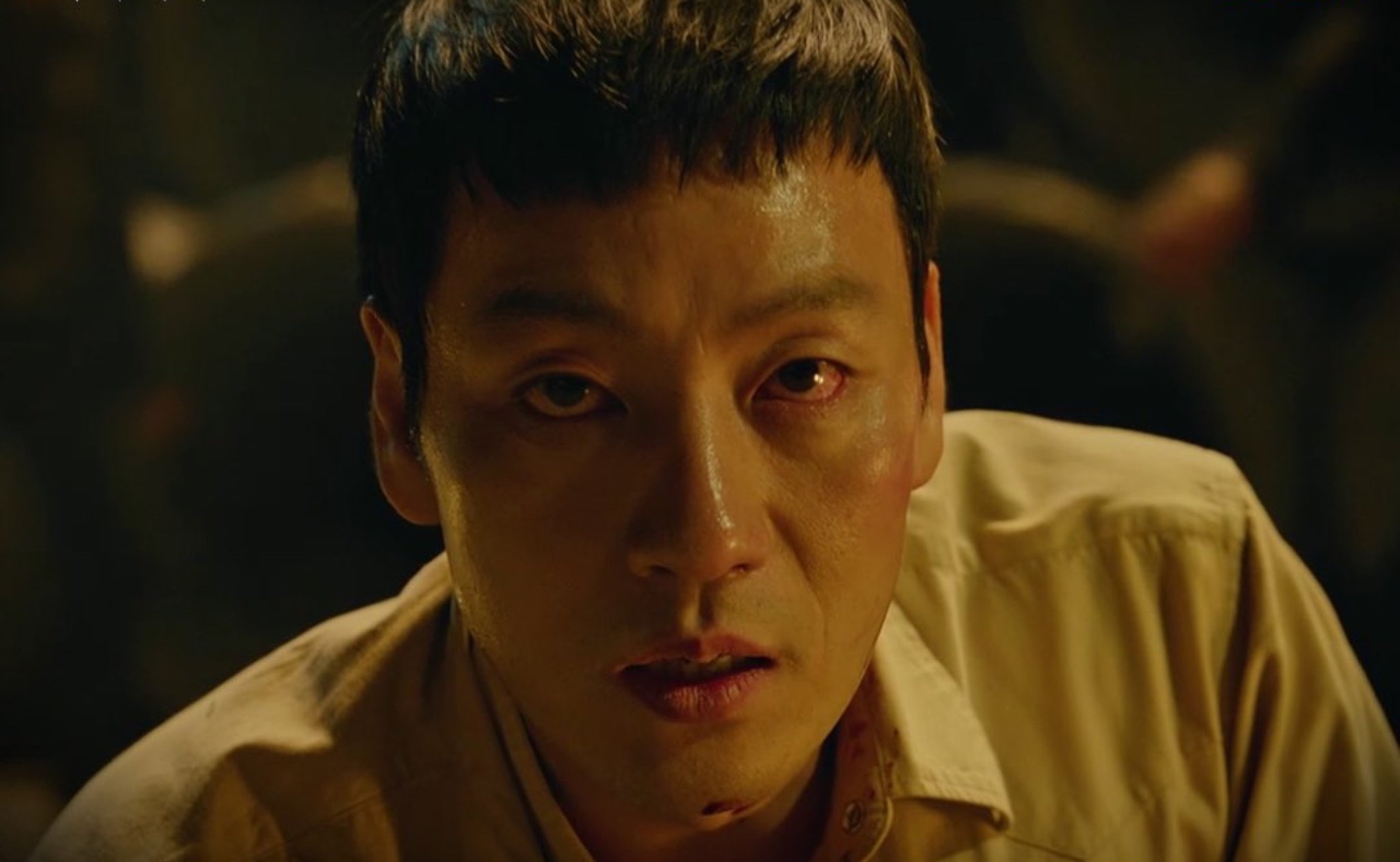 Park Hae-soo for OCN 'Chimera' K-drama wearing white dress shirt with red rimmed eyes