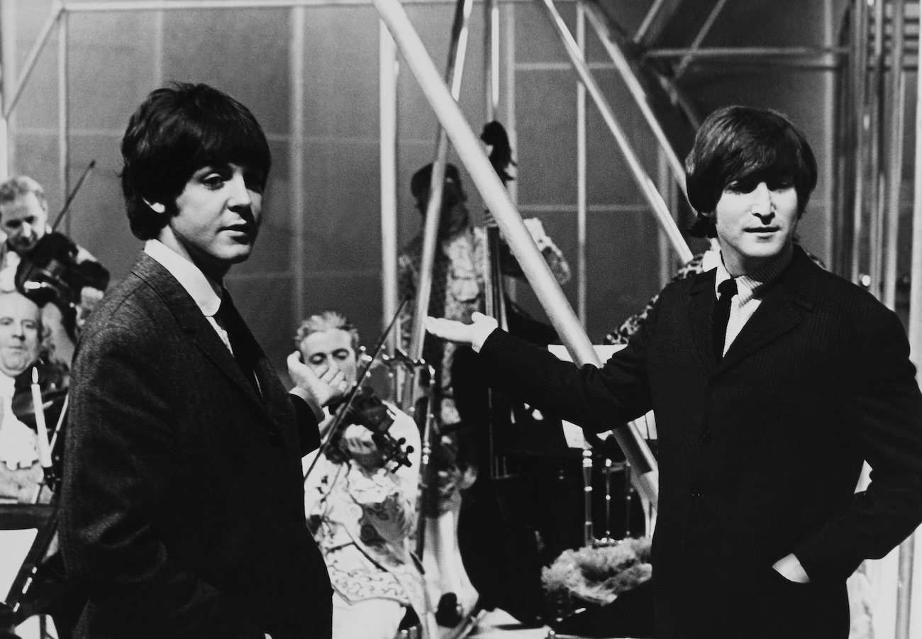Paul McCartney and John Lennon presenting Fritz Spiegel and his band in Manchester, 1964.