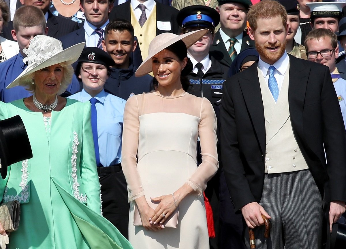 Prince Harry, Camilla Parker Bowles, and Meghan Markle pose for a photograph at The Prince of Wales' 70th Birthday Patronage Celebration