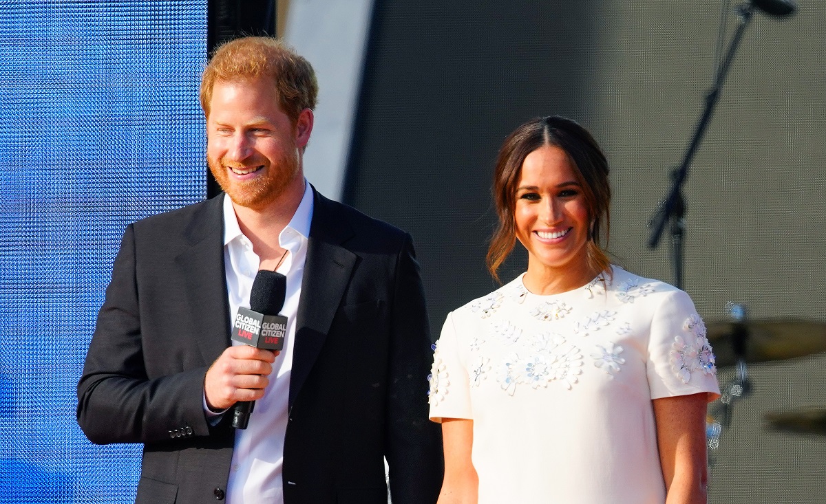 Prince Harry and Meghan Markle speaking on stage at Global Citizen Live New York